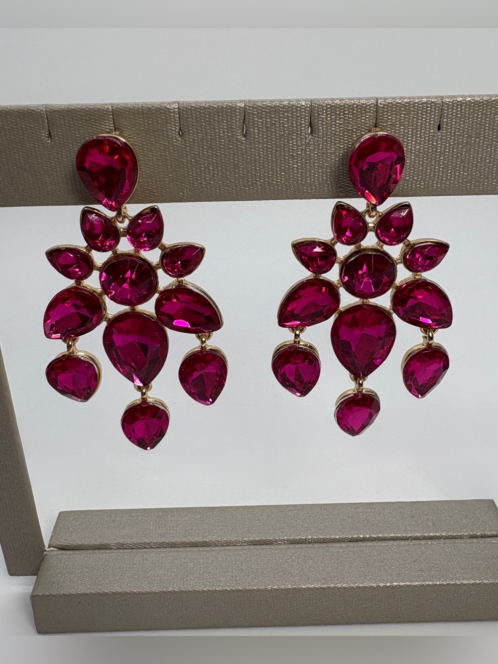 Pink Crystal Drop Statement Fuchsia Gold Tone Dangle Earrings